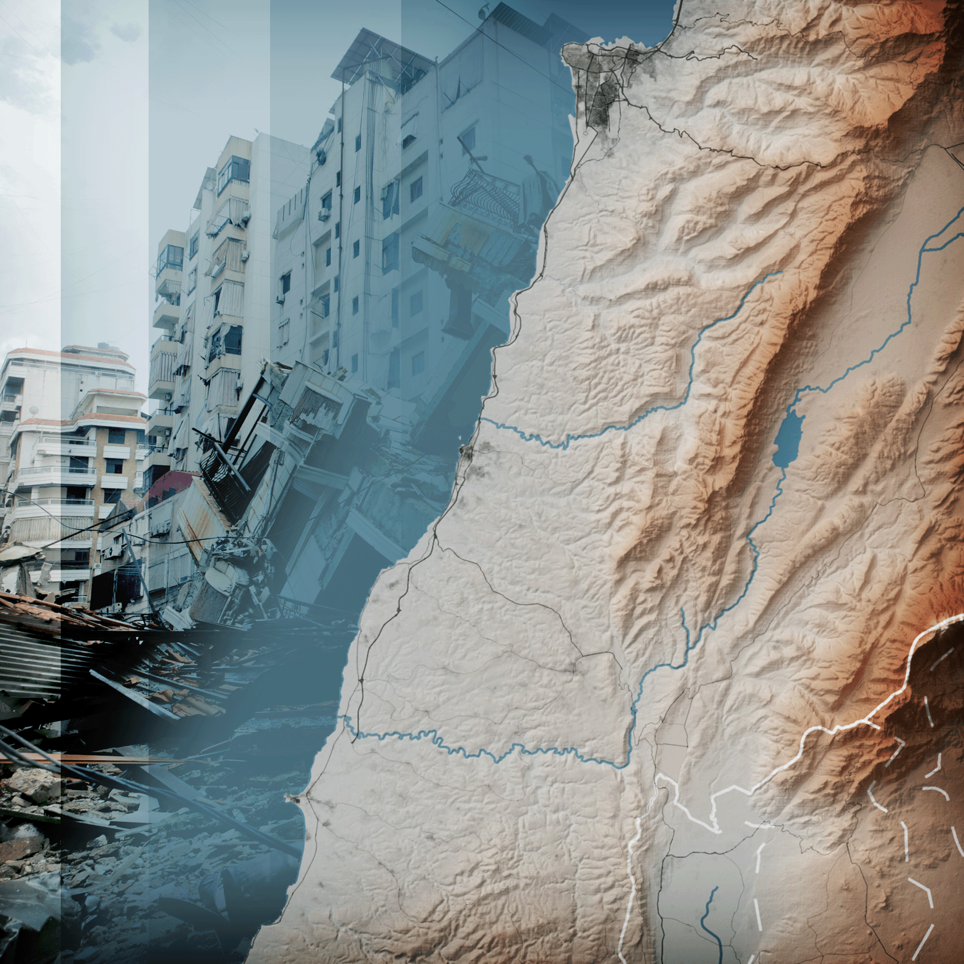 A relief map of Lebanon show di mountains to di east of Beirut with a photograph of damaged buildings wey dey imposed for di background.