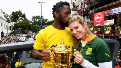 Rachel and Siya Kolisi for di South African Springboks Rugby World Cup 2019 Champions Tour on November 11, 2019 for Cape Town, South