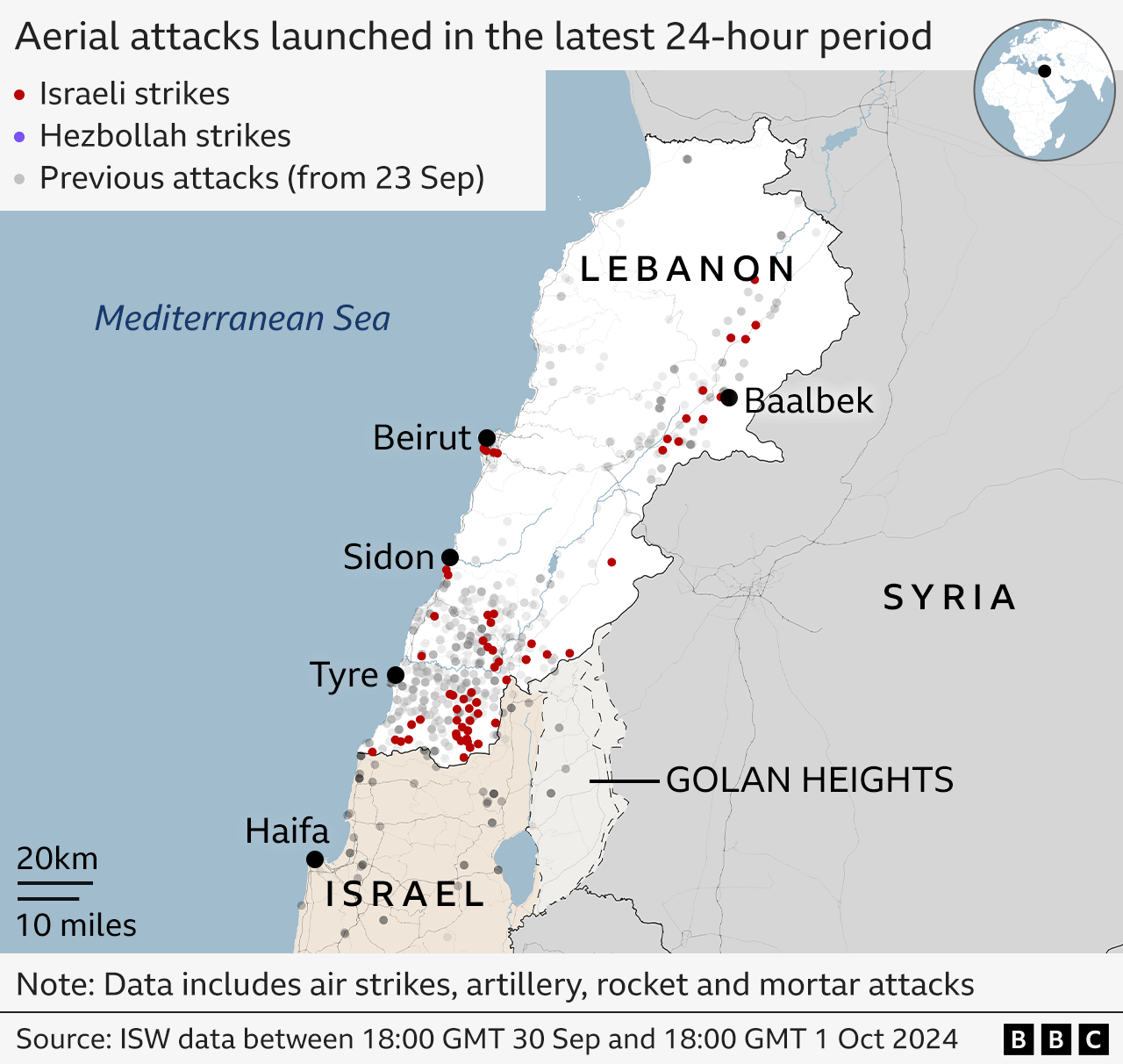 Map show aerial attacks launched on Lebanon and Israeli between 18:00 GMT on 30 September and 18:00 GMT on 1 October. Most of di Israeli strikes don dey for locations for southern Lebanon, while Hezbollah attacks don dey mostly for northern Israel.