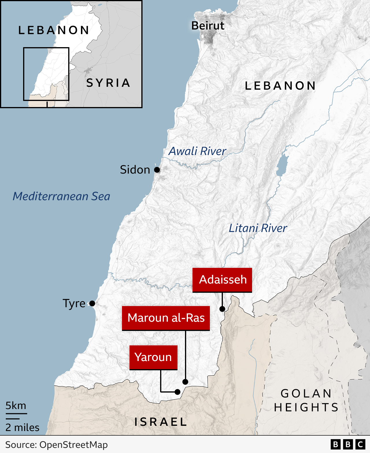 Map wey show southern Lebanon, labelling Adaisseh, Yaroun and Maroun al-Ras, two Lebanese villages close to di border with Israel, and wey show di Litani River just north of Tyre and di Awali River just north of Sidon. 