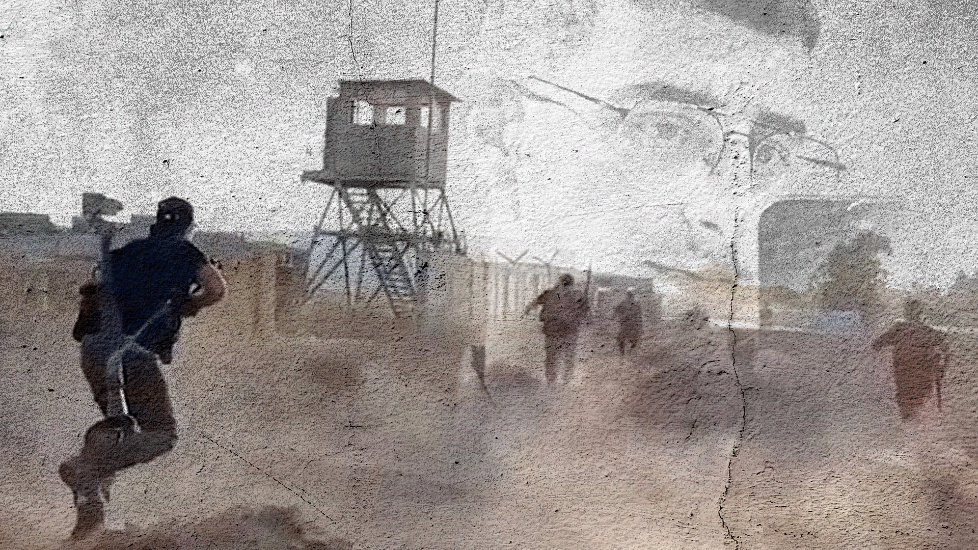 Graphic depiction of Hamas storming Nahal Oz on 7 October - gunman can be seen running and a base watchtower is visible