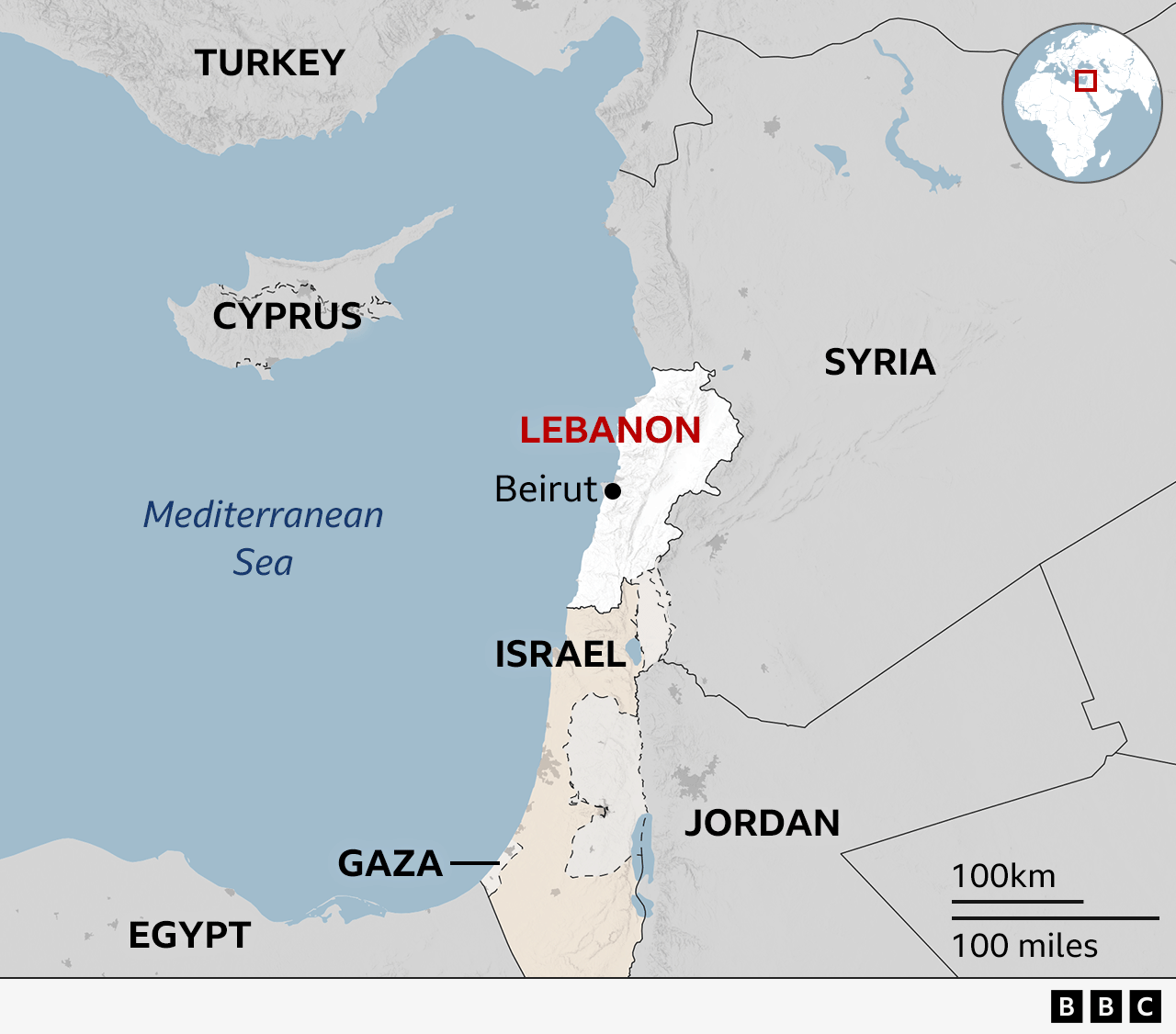 Map wey show say Lebanon dey located for di Middle East, on di eastern shore of di Mediterranean Sea. Di capital, Beirut, dey on di coast and dey roughly for di middle of di country. 