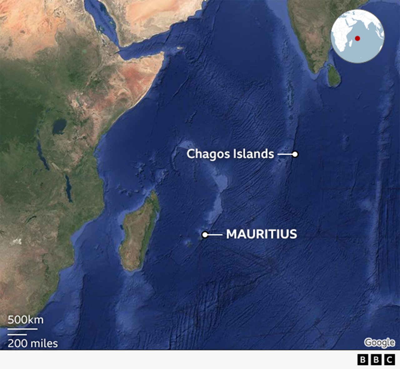 Map show di location of di Chagos Islands for di Indian Ocean.