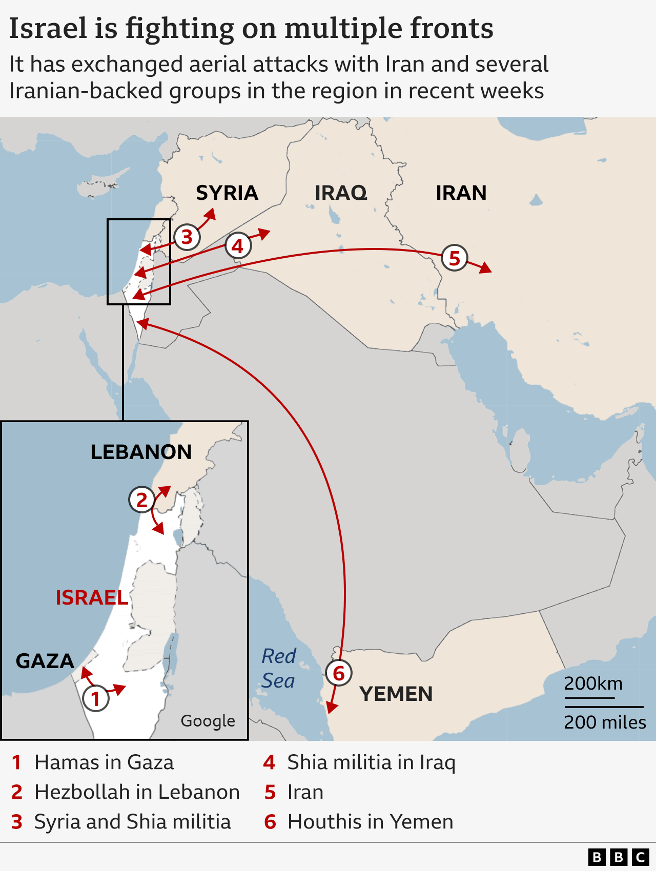 Map show say Israel dey fight on multiple fronts for di Middle East - Hamas for Gaza, Hezbollah for Lebanon, Syrian forces and Shia militia for Syria, Shia militia for Iraq, Iran, and Houthis for Yemen. 