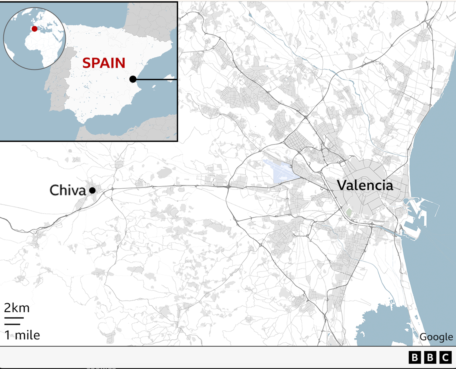 Map of Spain showing the province of Valencia and the city of Chiva