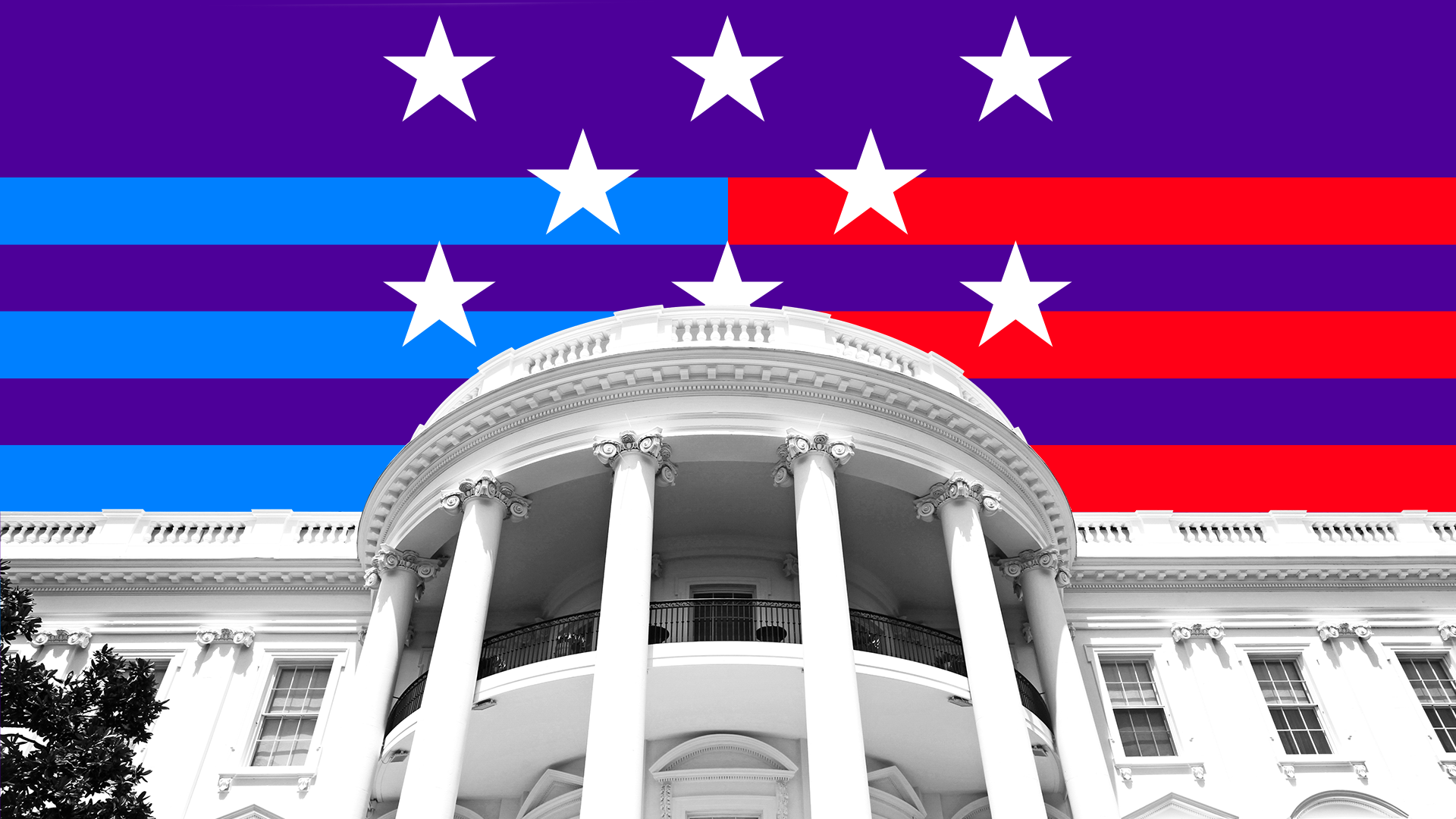 Graphic wey show White House against a red, white and blue stars-and-stripes backdrop