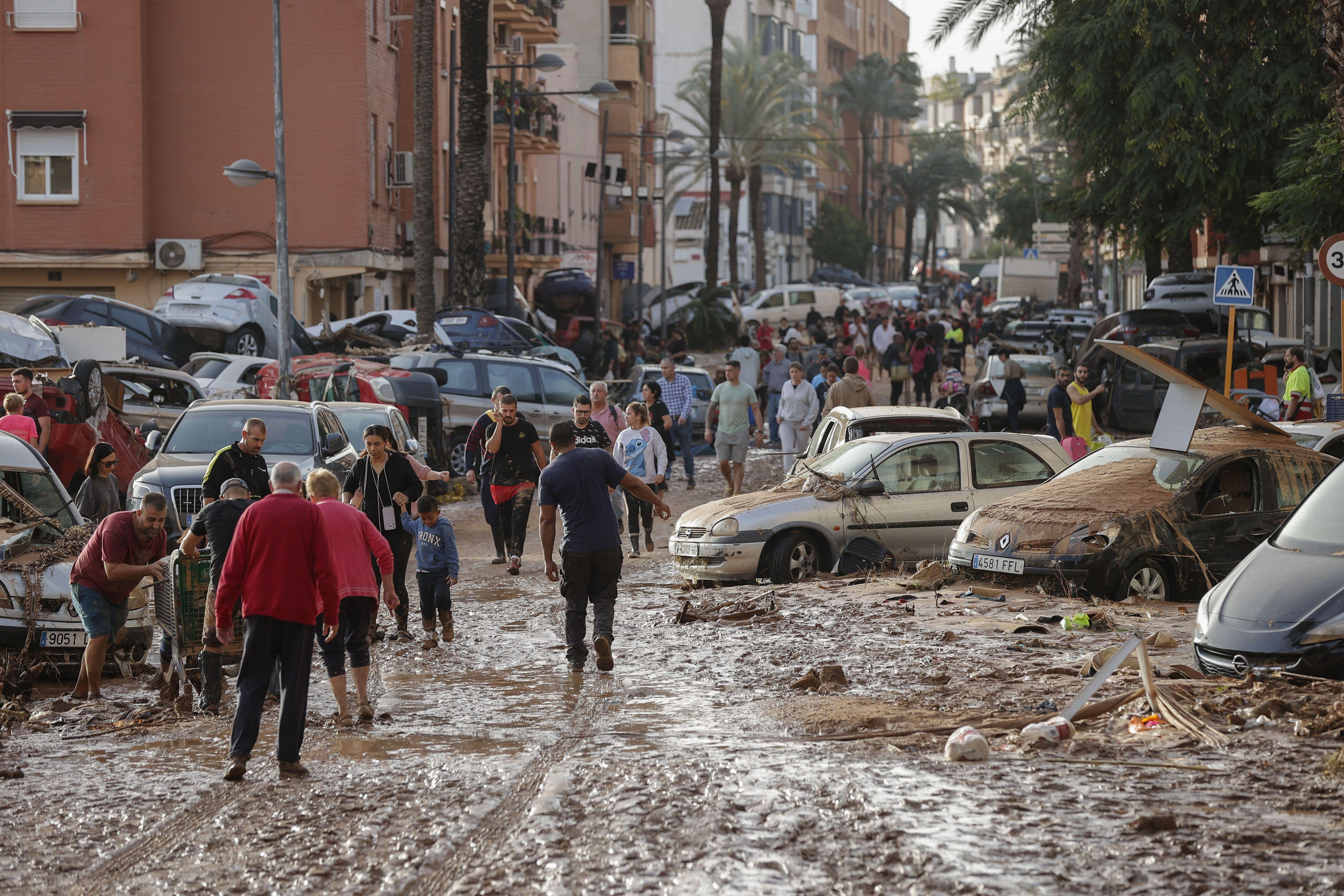 A street in Paiporta, Valencia, filled with mud on 30 October 2024